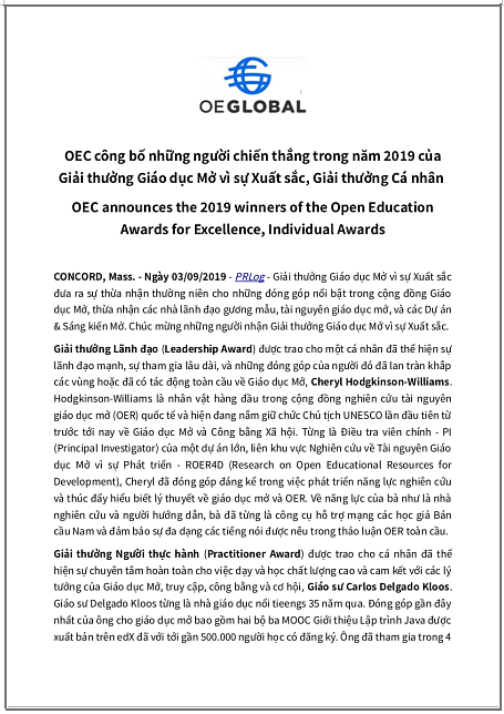 ‘Nhóm Giáo dục Mở (OEC) công bố những người chiến thắng trong năm 2019 của Giải thưởng Giáo dục Mở vì sự Xuất sắc, Giải thưởng Cá nhân’ - bản dịch sang tiếng Việt