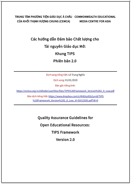 ‘Các hướng dẫn Đảm bảo Chất lượng cho Tài nguyên Giáo dục Mở: Khung TIPS Phiên bản 2.0’ - bản dịch sang tiếng Việt