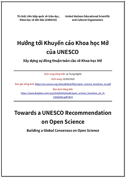 ‘Hướng tới Khuyến cáo Khoa học Mở của UNESCO - Xây dựng sự đồng thuận toàn cầu về Khoa học Mở’ - bản dịch sang tiếng Việt
