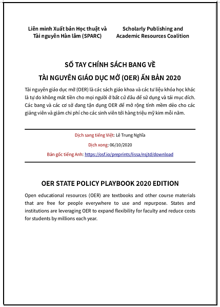 ‘Số tay chính sách bang [của nước Mỹ] về OER ấn bản 2020’- bản dịch sang tiếng Việt