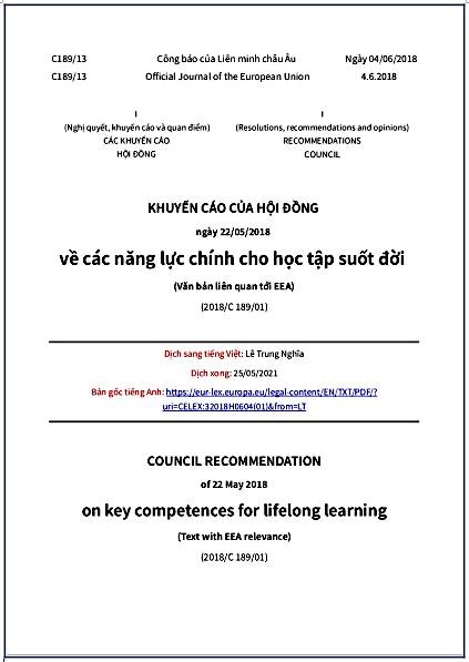 ‘Khuyến cáo của Hội đồng châu Âu ngày 22/05/2018 về các năng lực chính cho việc học tập suốt đời’ - bản dịch sang tiếng Việt
