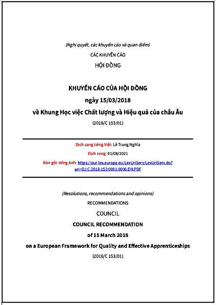 ‘Khuyến cáo của Hội đồng ngày 15/03/2018 về Khung Học việc Chất lượng và Hiệu quả của châu Âu’ - bản dịch sang tiếng Việt