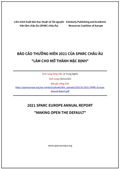 ‘SPARC châu Âu: Báo cáo thường niên 2021 của SPARC châu Âu *làm cho mở thành mặc định*’ - bản dịch sang tiếng Việt
