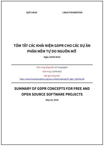 ‘Tóm tắt các Khái niệm GDPR cho các Dự án Phần mềm Tự do Nguồn Mở’ - bản dịch sang tiếng Việt