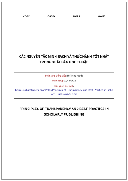 ‘Các nguyên tắc Minh bạch và Thực hành Tốt nhất trong Xuất bản Học thuật’ phiên bản 3 năm 2018 - bản dịch sang tiếng Việt