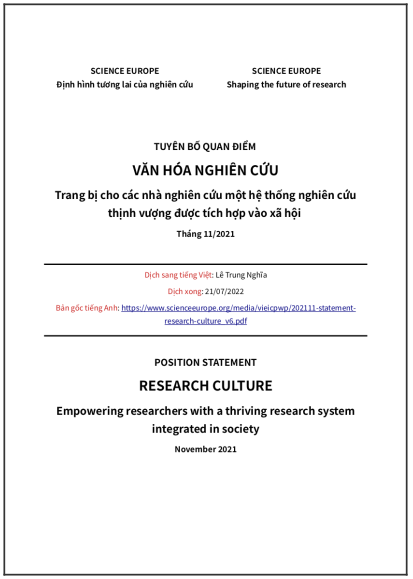 ‘Tuyên bố quan điểm - Văn hóa Nghiên cứu: Trang bị cho các nhà nghiên cứu một hệ thống nghiên cứu thịnh vượng được tích hợp vào xã hội’ - bản dịch sang tiếng Việt
