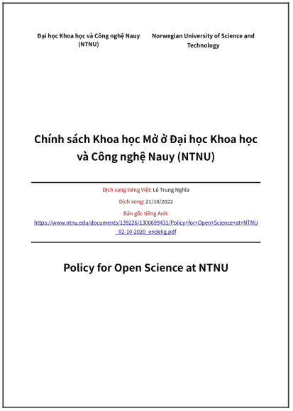‘Chính sách Khoa học Mở ở Đại học Khoa học và Công nghệ Nauy (NTNU)’ - bản dịch sang tiếng Việt