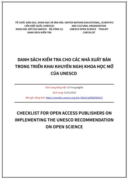 ‘Bộ công cụ khoa học mở của UNESCO - Danh sách kiểm tra - Danh sách kiểm tra cho các nhà xuất bản trong triển khai Khuyến nghị Khoa học Mở của UNESCO’ - bản dịch sang tiếng Việt