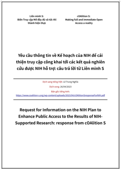 ‘Yêu cầu thông tin về Kế hoạch của NIH để cải thiện truy cập công khai tới các kết quả nghiên cứu được NIH hỗ trợ: câu trả lời từ Liên minh S’ - bản dịch sang tiếng Việt