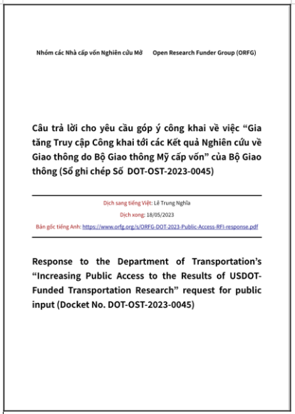 ‘Câu trả lời cho yêu cầu góp ý công khai về việc “Gia tăng Truy cập Công khai tới các Kết quả Nghiên cứu về Giao thông do Bộ Giao thông Mỹ cấp vốn” của Bộ Giao thông’ - bản dịch sang tiếng Việt