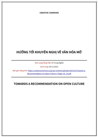 ‘Hướng tới Khuyến nghị về Văn hóa Mở’ - bản dịch sang tiếng Việt