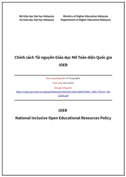 ‘Chính sách Tài nguyên Giáo dục Mở Toàn diện Quốc gia iOER’ của Malaysia - bản dịch sang tiếng Việt