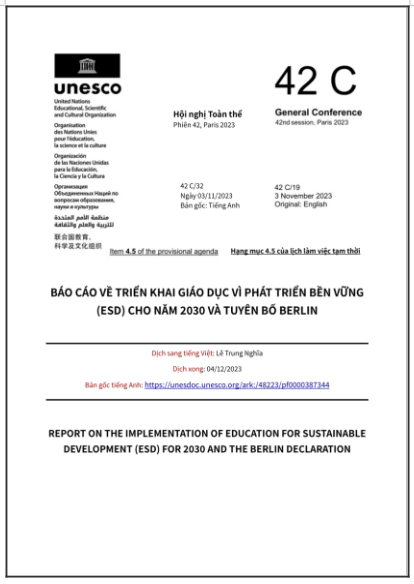 ‘Báo cáo về triển khai Giáo dục vì Phát triển Bền vững (ESD) cho năm 2030 và Tuyên bố Berlin’ - bản dịch sang tiếng Việt