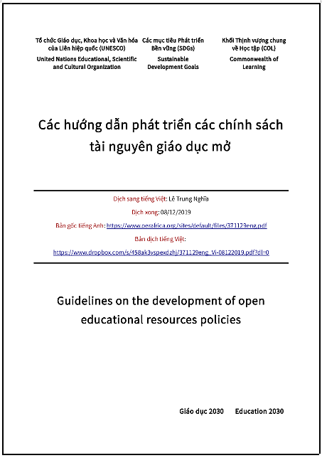 ‘Các hướng dẫn phát triển các chính sách Tài nguyên Giáo dục Mở’ - bản dịch sang tiếng Việt