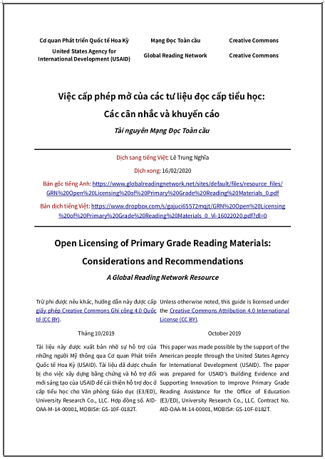 ‘Việc cấp phép mở của các tư liệu đọc cấp tiểu học: Các cân nhắc và khuyến cáo’ - bản dịch sang tiếng Việt