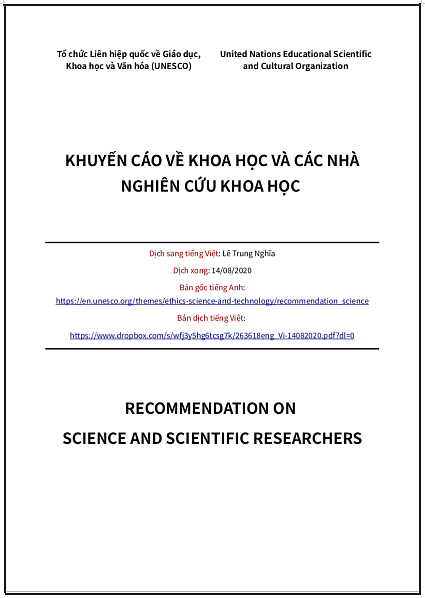 ‘Khuyến cáo về Khoa học và các Nhà nghiên cứu Khoa học’ - bản dịch sang tiếng Việt