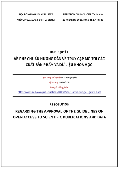 ‘Nghị quyết về phê chuẩn hướng dẫn về truy cập mở tới các xuất bản phẩm và dữ liệu khoa học’ của chính phủ Litva - bản dịch sang tiếng Việt