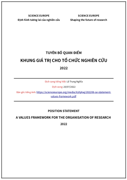 ‘Tuyên bố quan điểm - Khung giá trị cho tổ chức nghiên cứu - 2022’ - bản dịch sang tiếng Việt