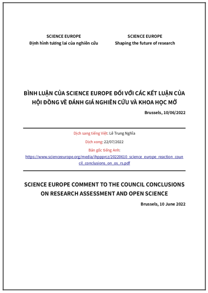 ‘Bình luận của Science Europe đối với các kết luận của Hội đồng về Đánh giá Nghiên cứu và Khoa học Mở’ - bản dịch sang tiếng Việt
