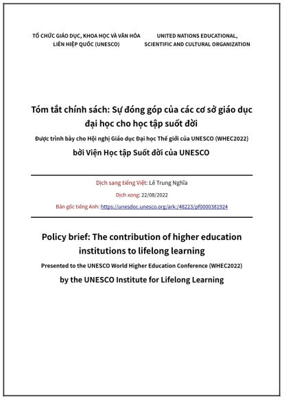 ‘UNESCO: Tóm tắt chính sách: Sự đóng góp của các cơ sở giáo dục đại học cho học tập suốt đời, 2022’ - bản dịch sang tiếng Việt