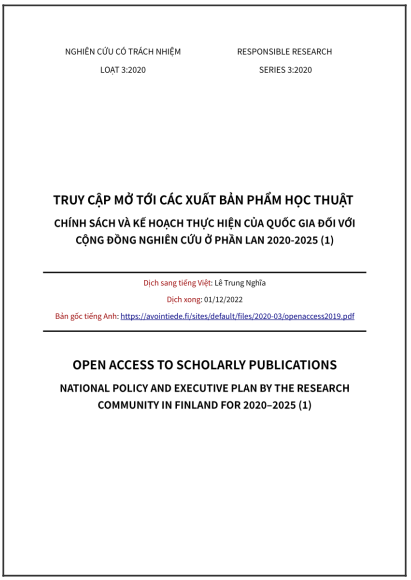 ‘Truy cập Mở tới các xuất bản phẩm học thuật: Chính sách và kế hoạch thực hiện của quốc gia đối với cộng đồng nghiên cứu ở Phần Lan 2020-2025 (1)’ - bản dịch sang tiếng Việt