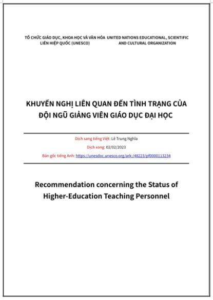 ‘Khuyến nghị liên quan đến tình trạng của đội ngũ giảng viên giáo dục đại học’ - bản dịch sang tiếng Việt