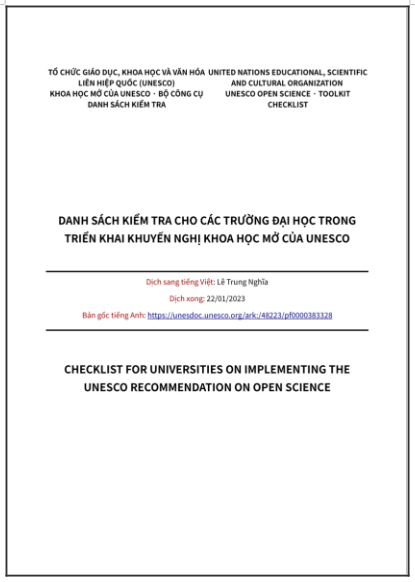 ‘Bộ công cụ khoa học mở của UNESCO - Danh sách kiểm tra - Danh sách kiểm tra cho các trường đại học trong triển khai Khuyến nghị Khoa học Mở của UNESCO’ - bản dịch sang tiếng Việt