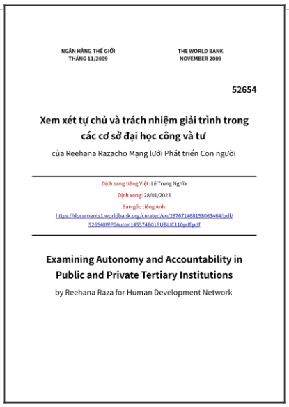 ‘Xem xét tự chủ và trách nhiệm giải trình trong các cơ sở đại học công và tư’ - bản dịch sang tiếng Việt