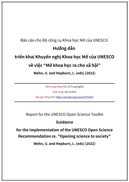 ‘Hướng dẫn triển khai Khuyến nghị Khoa học Mở của UNESCO về việc “Mở khoa học ra cho xã hội”‘ - bản dịch sang tiếng Việt