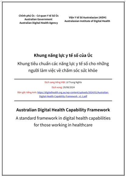 ‘Khung năng lực y tế số của Úc. Khung tiêu chuẩn các năng lực y tế số cho những người làm việc về chăm sóc sức khỏe’, xuất bản Quý IV/2023 - bản dịch sang tiếng Việt