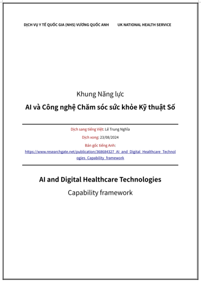 ‘Khung Năng lực AI và Công nghệ Chăm sóc sức khỏe Kỹ thuật Số’ do Dịch vụ Y tế Quốc gia Vương quốc Anh xuất bản 2023 - bản dịch sang tiếng Việt