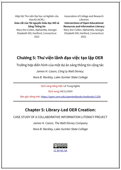 ‘Chương 5: Thư viện lãnh đạo việc tạo lập OER: Trường hợp điển hình của một dự án sáng thông tin cộng tác’ - bản dịch sang tiếng Việt