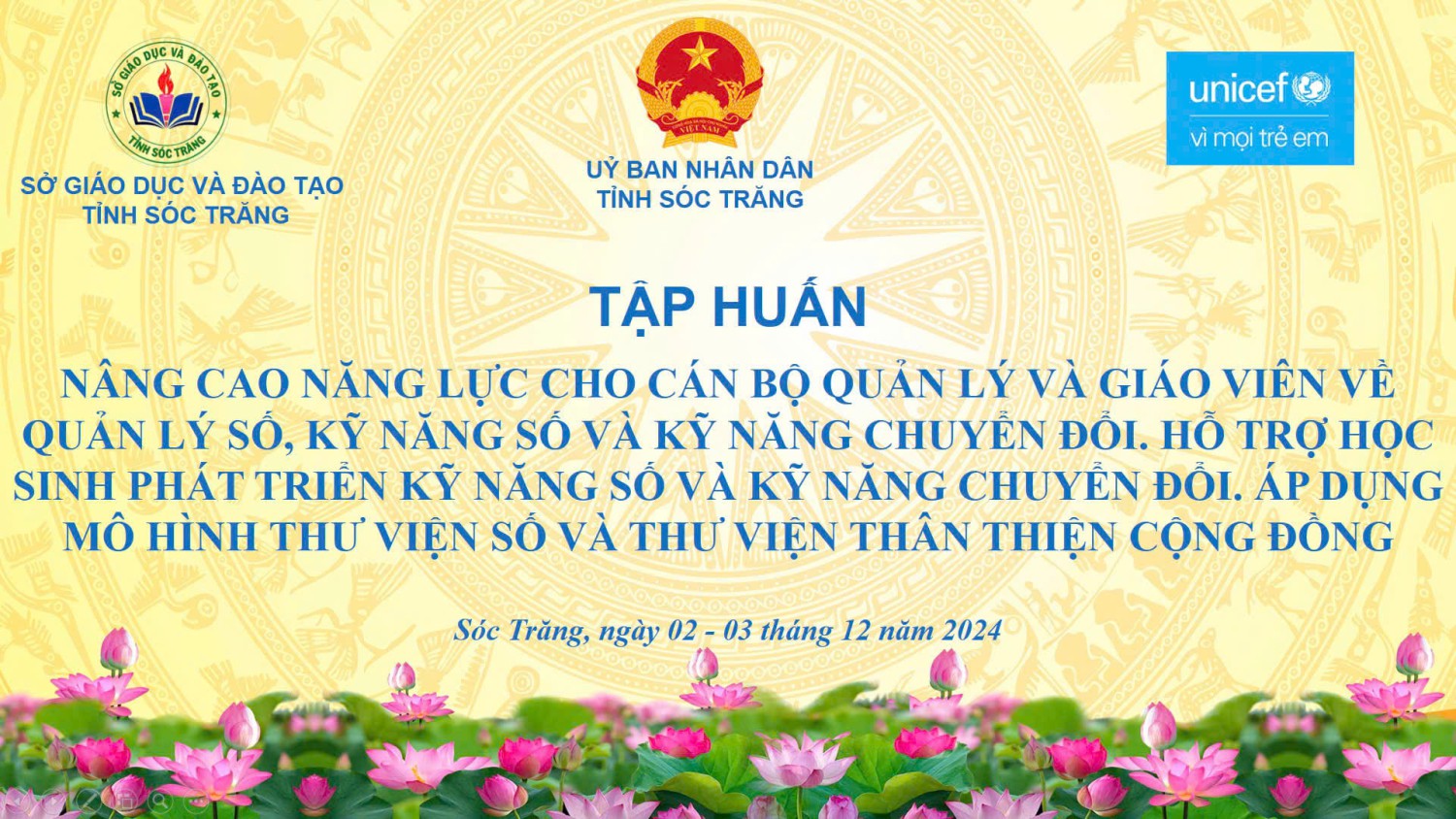 Tập huấn khai thác Tài nguyên Giáo dục Mở cho thư viện số và chuyển đổi số với các khung năng lực số và các công cụ đánh giá năng lực số tại Sở Giáo dục và Đào tạo tỉnh Sóc Trăng, Khóa 1, các ngày 2-3/12/2024