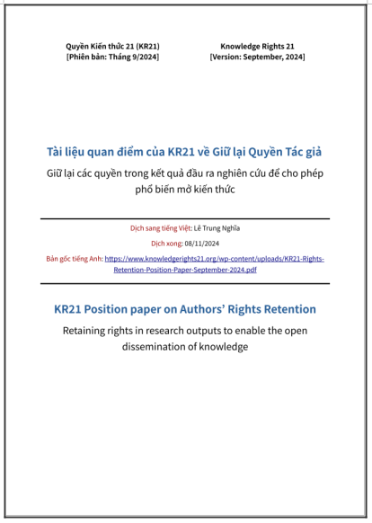 ‘Tài liệu quan điểm của KR21 về Giữ lại Quyền Tác giả: Giữ lại các quyền trong kết quả đầu ra nghiên cứu để cho phép phổ biến mở kiến thức’ - bản dịch sang tiếng Việt