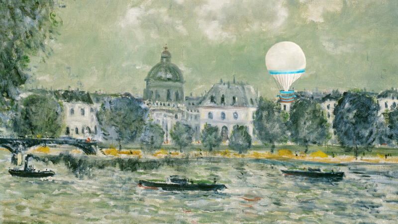 “Phong cảnh dọc theo sông Seine với Viện Pháp và Cầu Nghệ thuật” của Alfred Sisley, 1875, CC0, Viện Nghệ thuật Chicago, phối lại với “Khinh khí cầu TAROCH” của Creative Commons/Dee Harris, 2025, CC0.